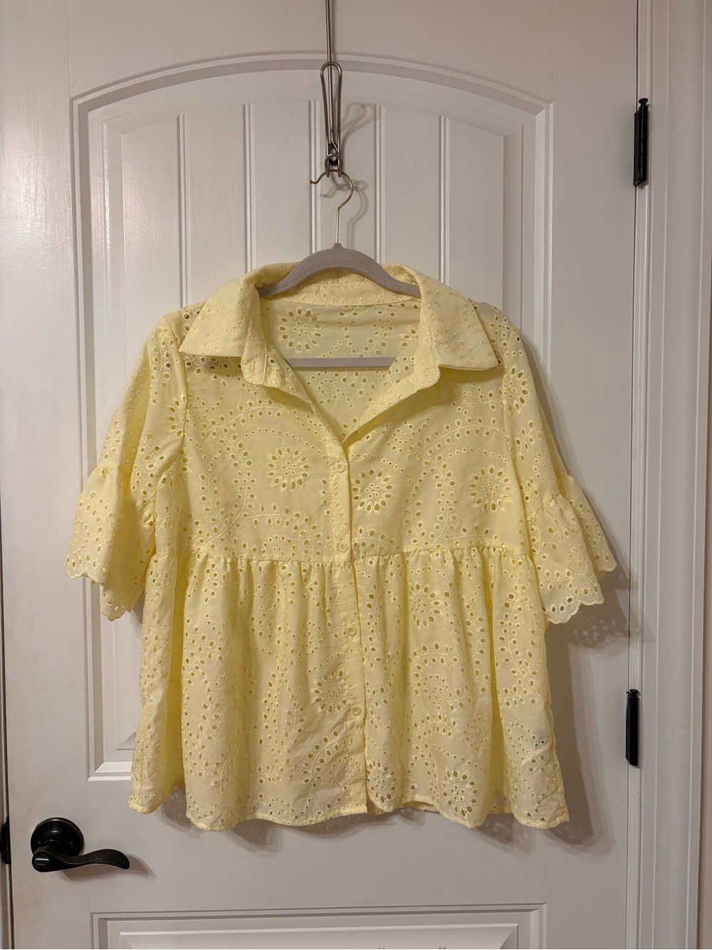 Women's Yellow Eyelet Button-Down Peplum Shirt